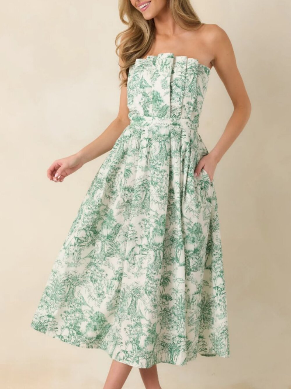 Red Dress Boutique Strapless Toile-Print Midi Dress in Green and White